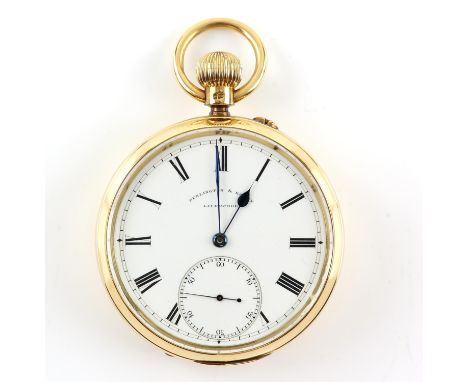 Open faced Penlington & Batty pocket watch, enamel dial with Roman numerals, subsidiary dial, minute track, keyless wind move