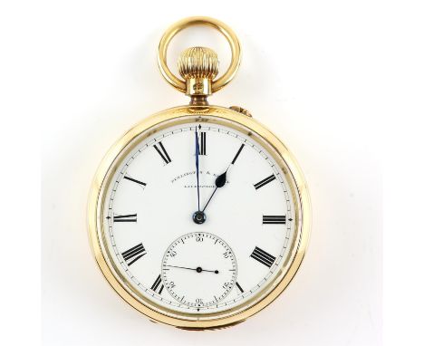 Open faced Penlington & Batty pocket watch, enamel dial with Roman numerals, subsidiary dial, minute track, keyless wind move