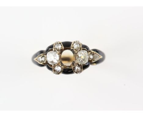 Antique ring, set with old cut and rose cut diamonds, with black enamel detailing, estimated total diamond weight 0.48 carats