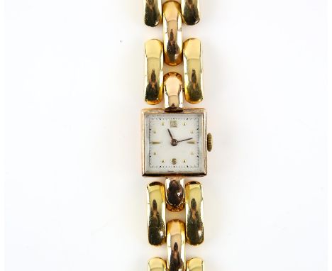 Tevo, a ladies gold wrist watch,in square case, the dial bead and baton hour markers, and numbered 12 and 6, fitted with a ma