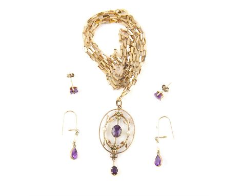 Edwardian amethyst and pearl pendant on a fancy link chain, 41cm in length, in 9 ct yellow gold, and two pairs of amethyst ea