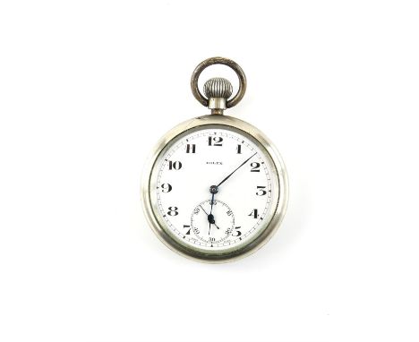 Rolex, An open face pocket watch, the signed white enamel dial, with Arabic numeral hour markers within a railway minute trac