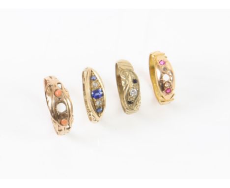 Four gold rings, including, an Edwardian sapphire and diamond ring, hallmarked Chester 1910, in 18 ct yellow gold, size M, wi