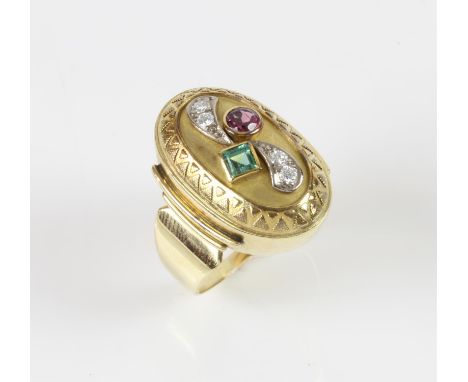 Large oval gemstone set ring, with a round pink tourmaline and a square cut green tourmaline, and four round brilliant cut di