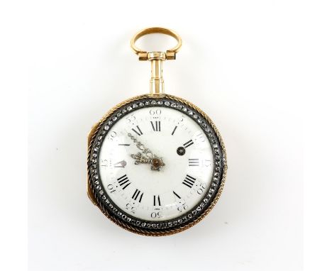 Repeater pocket watch, enamel dial with Arabic numerals and minute track diamond set hands, with rose cut diamonds set around