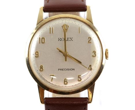 Rolex, a Gentleman's gold oyster precision wristwatch, the signed silvered dial, with gold Arabic numeral hour marker, centre