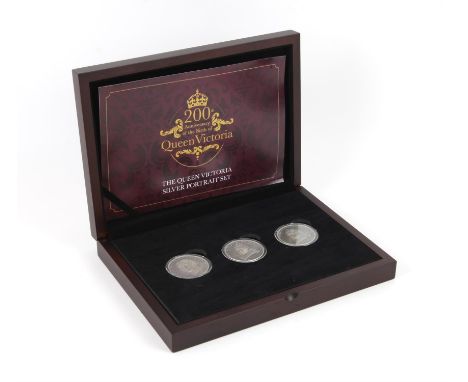 The Queen Victoria silver portrait set, celebrating 200th Anniversary of her Birth (2019) x 3, boxed with certificate of auth
