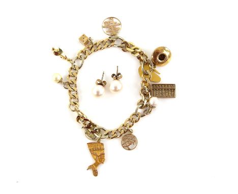 Charm bracelet and charms, curb link bracelet, stamped and tested as 18 ct, with eleven charms including three Asian symbol c