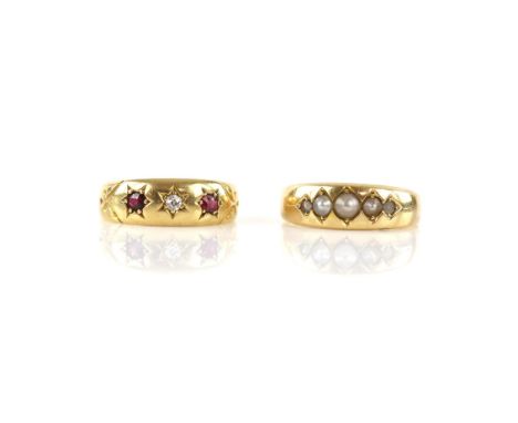 Two Victorian gypsy rings, one star set gypsy ring with a central old mine cut diamond and two rubies, in 18 ct yellow gold, 