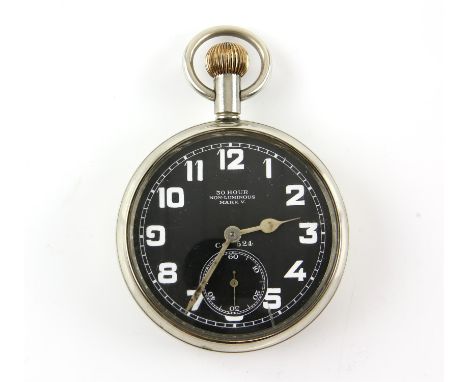A Royal Flying Corps Mark 5 pocket watch, the black dial with Arabic numeral hour markers and subsidiary seconds dial marked 