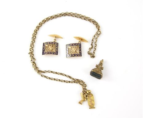 Collection of gold items, including, an ornate fob, with bloodstone seal, in gilt metal, a pair of cufflinks, with a floral c