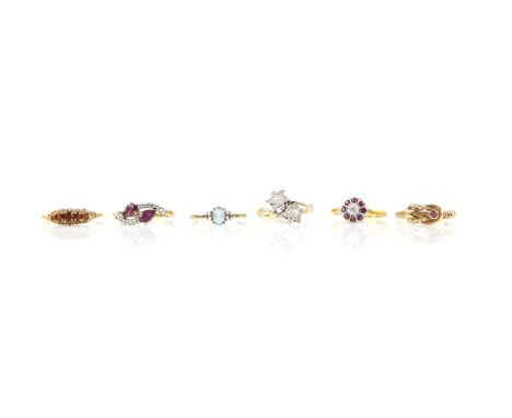 Six rings, including, ruby and diamond cluster, with illusion setting, in 18 ct yellow gold, size N, another garnet and diamo