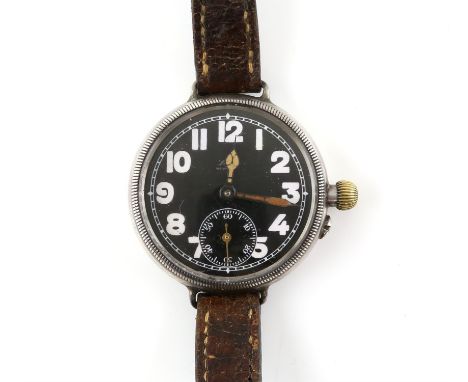 Tissot, A first Word War wrist watch the signed black dial with Arabic numeral hour markers, gilt hands, subsidiary seconds d