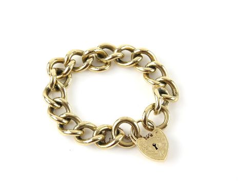 1960's heavy gold curb link bracelet, links width 14mm, each link is hallmarked in 9 ct, makers mark S & K, with heart padloc