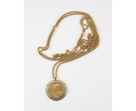 Vintage gold coin mount with a heart frame, in 9 ct gold, with a 1974 full sovereign, with a base metal curb link chain, chai