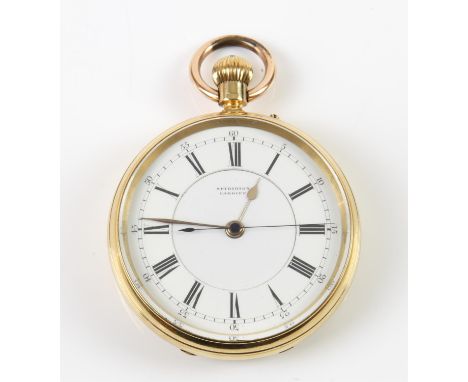 Gold open faced pocket watch, by Spiridion Cardiff, white enamel dial with Roman numerals and minute track, keyless wind mech