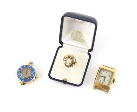 A gold and enamel wristwatch, the blue guilloche enamel bezel, surmounting a silvered dial with minute track and steel hands,