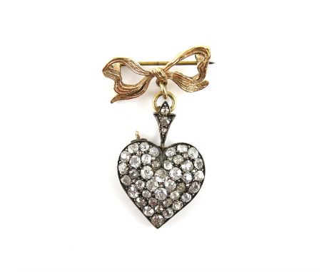 Antique French diamond set heart locket pendant and brooch, set with forty-three graduated old mine cut diamonds, total estim