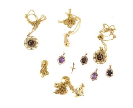 Mixed group of gold and gem set jewellery, including, two identical garnet pendants, two identical amethyst pendants, two ide