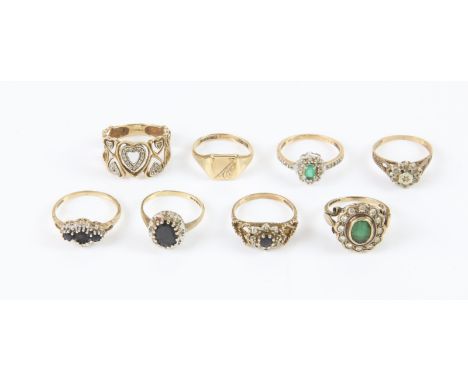 Two emerald cluster rings, one with CZ stones, size K, the other diamonds, size O, three sapphire rings, with small diamonds,