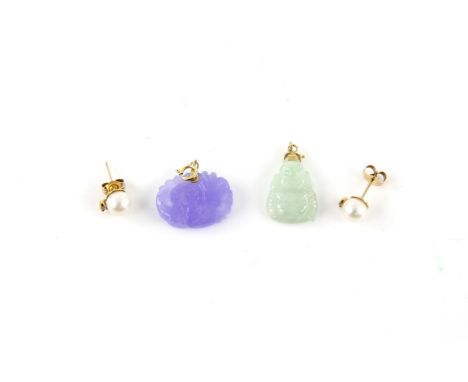 Two jade pendants with 14 ct gold bails, together with a pair of pearl and diamond stud earrings in 14 ctCondition Report:  G
