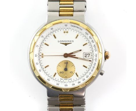 Longines, a gentleman's conquest bi metal wristwatch, the signed white enamel dial with gilt baton hour markers within a tach