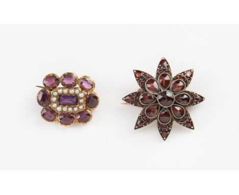 Two brooches, including, garnet, amethyst and seed pearl brooch, with pin and hook fitting, in tested 9 ct gold, with a red p