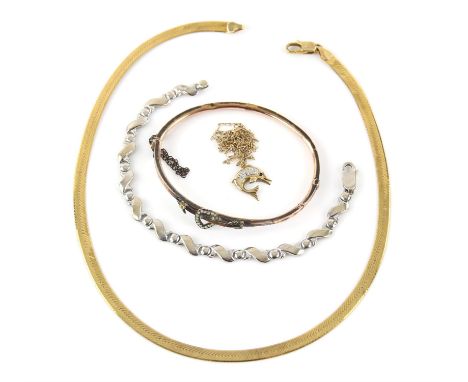 Collection of gold items, including a flat snake chain, length 40 cm, with a fancy link bracelet, length 19 cm, a dolphin pen