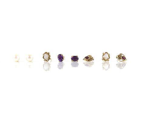 Four pair of gem set earrings, including a pearl of single pearl studs, opal studs, ruby heart studs and single stone amethys