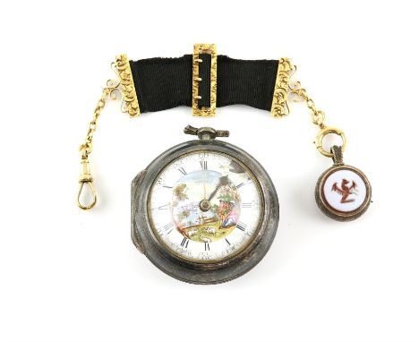 18th C pair cased silver pocket watch, white enamel dial with painted central panel depicting a pastoral landscape, surmounte