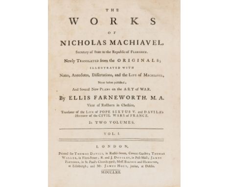 Machiavelli (Niccolò) The Works..., translated and edited by Ellis Farneworth, 2 vol., vol.2 with one folding engraved plan o