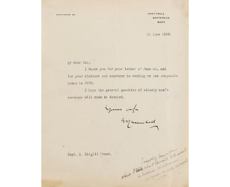 Churchill (Sir Winston Spencer, Prime Minister and statesman, 1874-1965) Typed Letter signed to Captain R[ichard] Ridgill Tro