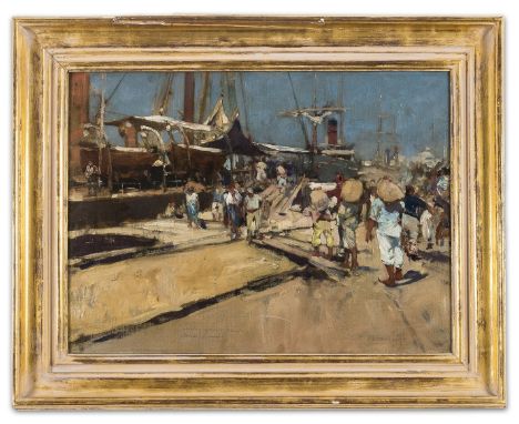 Brangwyn (Frank, Anglo-Welsh painter, illustrator and printmaker, 1867-1956) Loading grain onto a steamship while at harbour,