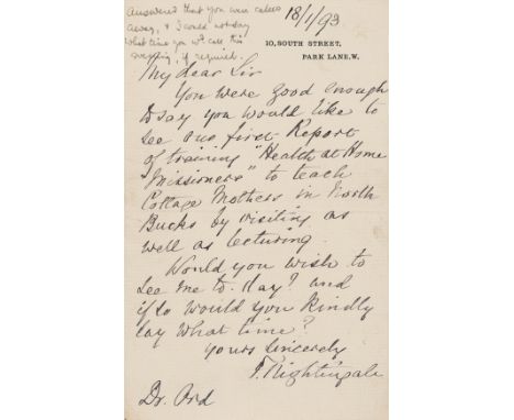 Nightingale (Florence, reformer of Army Medical Services and of nursing organization, 1820-1910) Autograph Letter signed to D