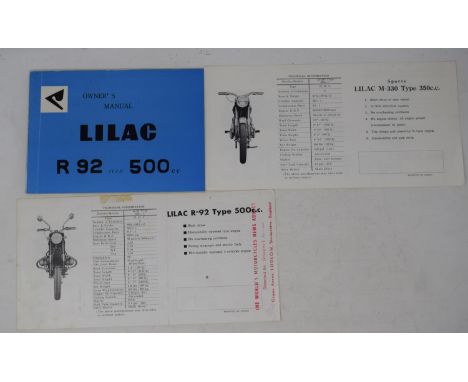 A Lilac R-92 type 500cc owner's manual, with two items of matching ephemera 