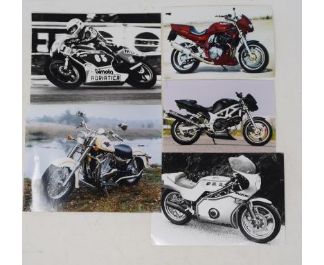 Assorted motorcycle press and other photographs, including Laverda, Honda, Bimota, Harley-Davidson, Benelli, and others (box)