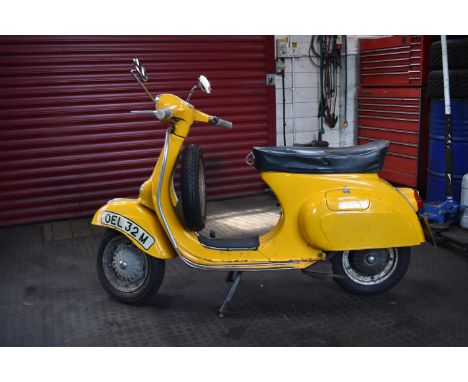 A 1973 Vespa 125 Primavera, registration number OEL 32M, frame number 069028, engine number 069982, yellow. This very origina