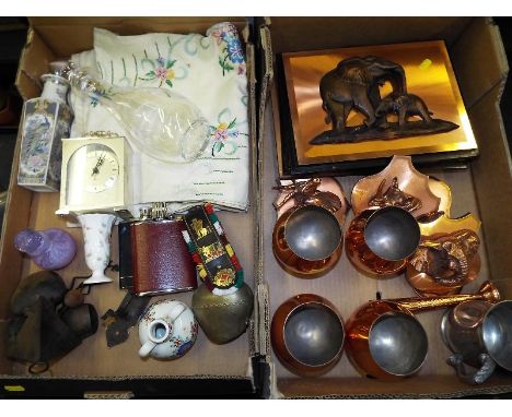 A good mixed lot to include a white metal mantle clock, Caithness perfume bottle, hip flasks, ceramics, glassware and similar