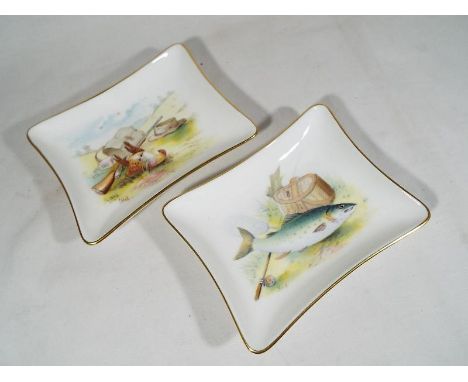 A pair of Minton rectangular pin dishes decorated with depictions of angling and hunting, signed - Est £40 - £50
