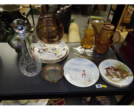 A good mixed lot of ceramics and glass ware to include decanter, collector plates, brass ware and similar (qty)