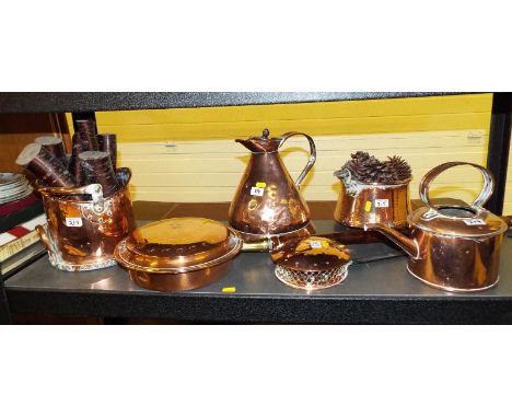 A collection of copper ware to include kettle, bed warmer and similar 