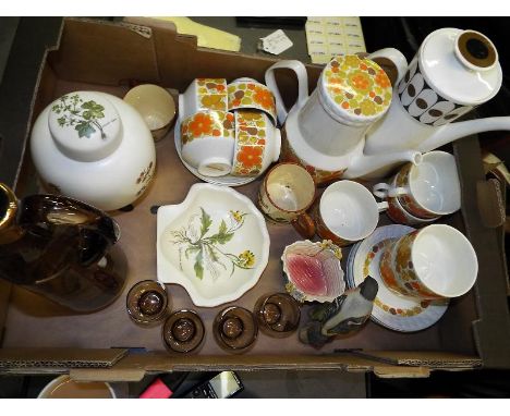 A good mixed lot of glassware and ceramics to include a Poole pottery lidded ginger jar with matching shelf plate decorated i