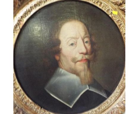 A 17th century oil on canvas, portrait of an unknown dignitary, unsigned in circular period gilded frame, image size 47 cm (d
