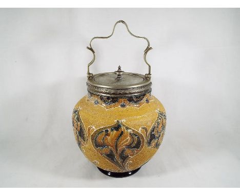 A Moorcroft / MacIntyre Florian ware biscuit barrel with silver plated collar and lid, 17cm (h), overall height including swi