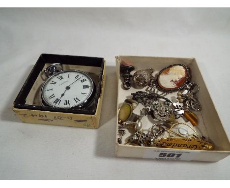 A collection of costume jewellery to include some silver, a cameo brooch, a scouts badge, an Ingersol pocket watch and simila