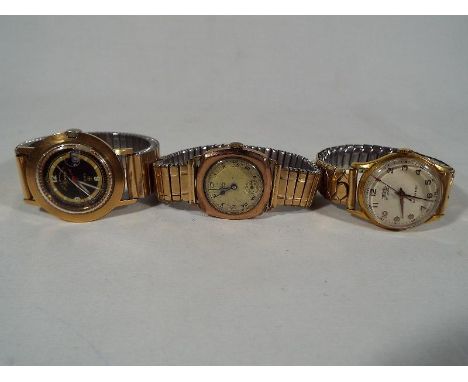 Three gentleman's wristwatches to include a cushion moulded model by Avia, the 9 carat gold case assay marked for 1943, 15-je