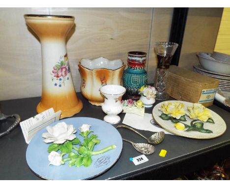 A good mixed lot to include a good quality lead crystal cut to clear vase, ceramic jardiniere, West German vase, decorative s