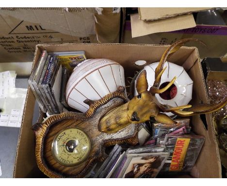 A good mixed lot to include a vintage glass ceiling light shade, CDs, a ceramic bowl, a barometer and similar