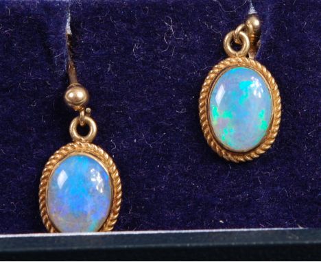 A pair of 9ct gold cabochon opal set ear pendants, 16mm