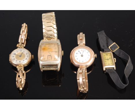 An Art Deco 9ct gold cased tank watch, having manual wind movement (not currently running); together with a ladies 9ct gold w
